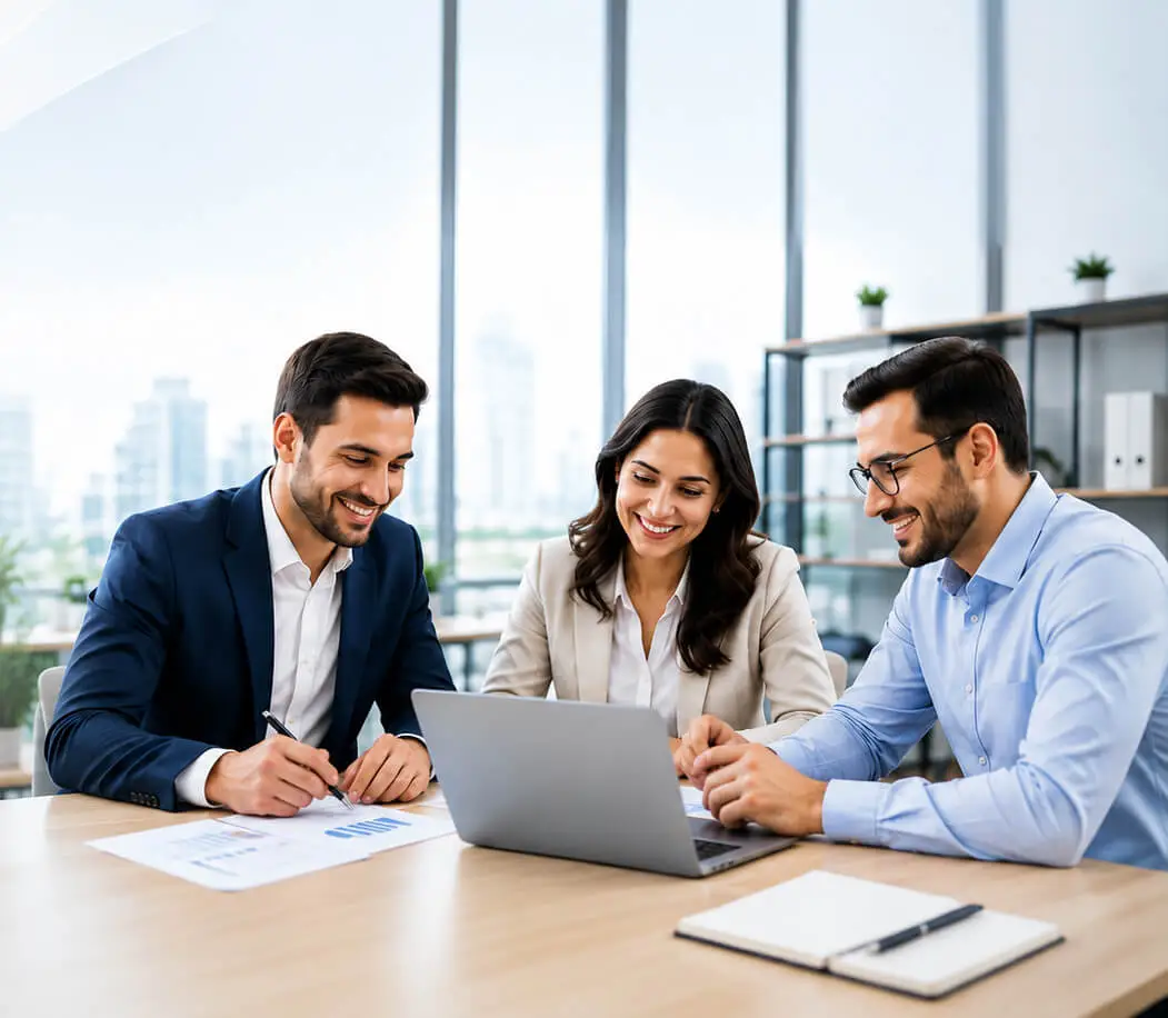 Professional accounting, taxation and management consulting team discussing financial strategy in a modern office